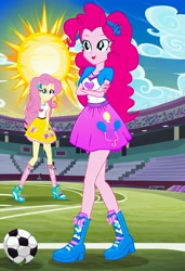 Size: 832x1216 | Tagged: safe, imported from twibooru, fluttershy, pinkie pie, human, equestria girls, ai content, ai generated, blue sky, female, flutterpie, football field, humanized, image, lesbian, needs more jpeg, prompter:tiamatnightmare, shipping