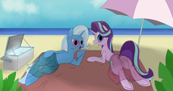 Size: 4096x2160 | Tagged: safe, artist:suryfromheaven, imported from derpibooru, starlight glimmer, trixie, pony, unicorn, beach, beach umbrella, clothes, cooler, horn, looking at you, looking back, rear view, sand, skirt, towel