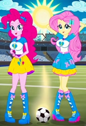 Size: 832x1216 | Tagged: safe, imported from twibooru, fluttershy, pinkie pie, human, equestria girls, ai content, ai generated, blue sky, female, flutterpie, football field, humanized, image, lesbian, needs more jpeg, prompter:tiamatnightmare, shipping