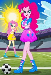 Size: 832x1216 | Tagged: safe, imported from twibooru, fluttershy, pinkie pie, human, equestria girls, ai content, ai generated, blue sky, female, flutterpie, football field, humanized, image, lesbian, needs more jpeg, prompter:tiamatnightmare, shipping