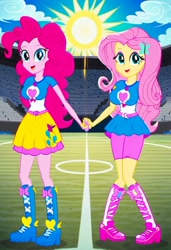 Size: 832x1216 | Tagged: safe, imported from twibooru, fluttershy, pinkie pie, human, equestria girls, ai content, ai generated, blue sky, female, flutterpie, football field, humanized, image, lesbian, needs more jpeg, prompter:tiamatnightmare, shipping