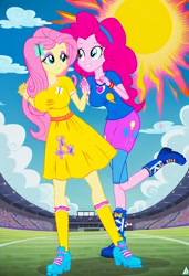 Size: 832x1216 | Tagged: safe, imported from twibooru, fluttershy, pinkie pie, human, equestria girls, ai content, ai generated, blue sky, female, flutterpie, football field, humanized, image, lesbian, needs more jpeg, prompter:tiamatnightmare, shipping