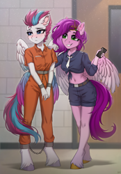 Size: 2568x3700 | Tagged: safe, artist:hakaina, imported from derpibooru, pipp petals, zipp storm, anthro, pegasus, unguligrade anthro, belly button, blushing, cellphone, clothes, commissioner:rainbowdash69, cuffed, cuffs, embarrassed, front knot midriff, g5, handcuffed, jail, midriff, never doubt rainbowdash69's involvement, phone, police uniform, prison, prison outfit, prisoner, prisoner zipp, shackles, smartphone, wing cuffs, wings