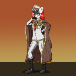 Size: 2500x2500 | Tagged: safe, artist:memeancholy, imported from derpibooru, oc, oc:red rocket, anthro, equestria at war mod, anthro oc, boots, cap, cape, clothes, glasses, hat, laced boots, looking at you, necktie, shoes, uniform