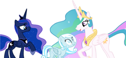 Size: 1420x652 | Tagged: safe, artist:detailedatream1991, imported from derpibooru, princess celestia, princess luna, oc, oc:snowdrop, alicorn, pegasus, pony, female, mare, raised hoof, royal sisters, siblings, simple background, sisters, white background