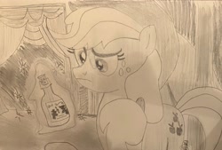 Size: 3316x2242 | Tagged: safe, artist:mlpfantealmintmoonrise, imported from derpibooru, applejack, earth pony, leap of faith, atg 2024, bottle, cork, curtains, doubt, female, frown, glass bottle, holding, irl, mare, monochrome, newbie artist training grounds, photo, picture, scene interpretation, simple background, solo, solo focus