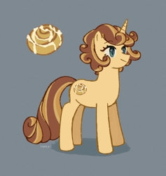 Size: 1814x1917 | Tagged: safe, artist:ywra_a, imported from derpibooru, oc, oc only, oc:cinnamon swirl, pony, unicorn, cinnamon bun, female, food, gray background, horn, mare, simple background, smiling, solo, standing