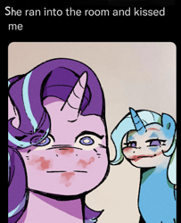 Size: 734x902 | Tagged: safe, artist:ywra_a, imported from derpibooru, starlight glimmer, trixie, pony, unicorn, blank stare, female, horn, kiss mark, lesbian, lipstick, mare, meme, ponified meme, shipping, smiling, smirk, startrix, text