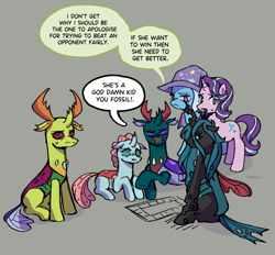 Size: 1985x1841 | Tagged: safe, artist:ywra_a, imported from derpibooru, ocellus, pharynx, queen chrysalis, starlight glimmer, thorax, trixie, changedling, changeling, changeling queen, pony, unicorn, angry, board game, brothers, changedling brothers, dialogue, female, horn, king thorax, male, mare, prince pharynx, siblings, simple background