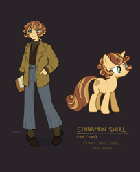 Size: 1463x1796 | Tagged: safe, artist:ywra_a, imported from derpibooru, oc, oc only, oc:cinnamon swirl, human, pony, unicorn, clothes, female, horn, mare, simple background, solo