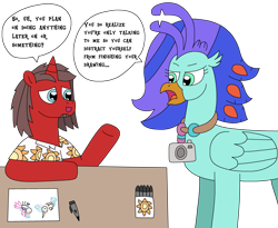 Size: 2781x2285 | Tagged: safe, artist:supahdonarudo, imported from derpibooru, princess celestia, queen novo, oc, oc:ironyoshi, oc:sea lilly, classical hippogriff, hippogriff, unicorn, my little pony: the movie, atg 2024, camera, clothes, cup, dialogue, drawing, horn, jewelry, necklace, newbie artist training grounds, paper, pen, procrastination, shirt, simple background, speech bubble, table, talking, text, transparent background