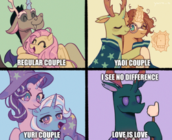 Size: 640x522 | Tagged: safe, artist:ywra_a, imported from derpibooru, discord, fluttershy, pharynx, starlight glimmer, sunburst, thorax, trixie, changedling, changeling, draconequus, pegasus, pony, unicorn, brothers, changedling brothers, discoshy, female, gay, horn, king thorax, lesbian, male, meme, pride, pride month, pride ponies, prince pharynx, shipping, siblings, startrix, straight, thoraxburst