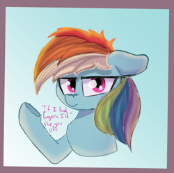 Size: 2938x2924 | Tagged: safe, artist:psychotix, imported from derpibooru, rainbow dash, pegasus, bust, floppy ears, gradient background, looking at you, raised hoof, talking to viewer, underhoof, vulgar