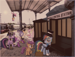 Size: 2560x1920 | Tagged: safe, artist:austiniousi, artist:brisineo, artist:colorfulbrony, artist:fallingcomets, artist:floppychiptunes, artist:kraysee, artist:mactavish1996, artist:myardius, artist:shadyhorseman, artist:thatguy1945, imported from derpibooru, angel bunny, apple bloom, applejack, fluttershy, pinkie pie, rainbow dash, rarity, scootaloo, sweetie belle, twilight sparkle, earth pony, pegasus, pony, rabbit, unicorn, animal, cutie mark crusaders, female, filly, foal, hat, horn, irl, mane six, mare, photo, ponies in real life, top hat, train, train station, unicorn twilight