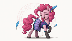 Size: 2560x1456 | Tagged: safe, imported from derpibooru, pinkie pie, pony, over a barrel, abstract background, ai content, ai generated, clothes, dress, eyes closed, feather, feather in hair, female, fishnet clothing, fishnets, generator:autismmix confetti, mare, open mouth, prompter:siber, raised hoof, saloon dress, saloon pinkie, singing, socks, solo, stockings, thigh highs