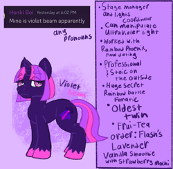 Size: 1699x1655 | Tagged: safe, artist:kiwiscribbles, imported from derpibooru, screencap, oc, oc only, oc:violet beam, unicorn, horn, solo, text