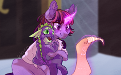 Size: 1280x800 | Tagged: safe, artist:castaspellliana, imported from derpibooru, spike, twilight sparkle, alicorn, dragon, pony, alternate universe, clothes, duo, duo male and female, duskdawn au, female, glowing, glowing horn, hidden wings, holding a dragon, horn, levitation, magic, male, mare, scroll, shirt, smiling, story included, telekinesis, twilight sparkle (alicorn)