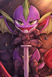 Size: 750x1125 | Tagged: safe, artist:lumineko, imported from derpibooru, spike, dragon, armor, badass, knight spike, male, solo, sword, weapon, winged spike, wings