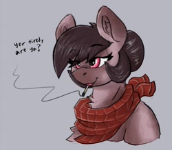 Size: 972x850 | Tagged: safe, artist:reddthebat, imported from derpibooru, oc, oc:number nine, earth pony, pony, bust, chest fluff, cigarette, dialogue, eye clipping through hair, eyebrows, eyebrows visible through hair, female, lidd, mare, smoking, solo