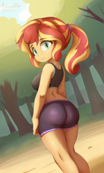 Size: 3000x5000 | Tagged: safe, artist:azuretto, imported from derpibooru, sunset shimmer, human, equestria girls, alternate hairstyle, ass, bunset shimmer, butt, clothes, female, forest, high res, looking at you, looking back, looking back at you, nature, ponytail, shorts, smiling, smiling at you, solo, sports bra, sports shorts, tree