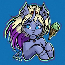 Size: 1617x1617 | Tagged: safe, artist:gigisarts, imported from derpibooru, oc, oc only, oc:ro xy, pony, unicorn, blue eyes, bust, ear piercing, female, food, horn, ice cream, nose piercing, piercing, portrait, solo