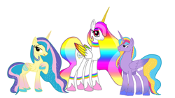 Size: 640x360 | Tagged: safe, artist:sallythepinkdog2024, imported from derpibooru, princess gold lily, princess sterling, oc, oc only, oc:golden lily, oc:rainbow light, oc:sterling, alicorn, pony, series:the downfall of unity, alicorn oc, colored hooves, colored wings, ethereal mane, female, folded wings, g5, g5 to g4, generation leap, gradient legs, hoof on chest, hooves, horn, male, mare, multicolored hair, multicolored wings, open mouth, rainbow eyes, rainbow eyeshadow, rainbow hair, rainbow wings, simple background, stallion, trio, white background, wings