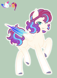 Size: 1024x1406 | Tagged: safe, artist:ocean-drop, imported from derpibooru, sunny starscout, zipp storm, oc, oc:coco paradise, earth pony, pegasus, pony, female, folded wings, g5, lesbian, looking at you, magical lesbian spawn, mare, offspring, one eye closed, parent:sunny starscout, parent:zipp storm, parents:sunnystorm, raised hoof, raised leg, shipping, simple background, solo focus, sunnystorm, tail, wings, wink, winking at you