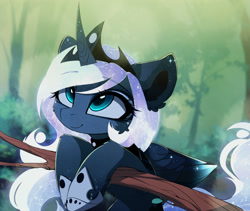 Size: 2131x1795 | Tagged: safe, artist:magnaluna, imported from derpibooru, princess luna, alicorn, pony, cute, female, folded wings, forest, horn, lunabetes, mare, nature, outdoors, smiling, solo, tree, white-haired luna, wings