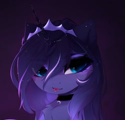 Size: 1747x1677 | Tagged: safe, artist:magnaluna, imported from derpibooru, princess luna, alicorn, pony, :p, bust, chest fluff, choker, crown, eye clipping through hair, eyebrows, eyebrows visible through hair, female, horn, jewelry, looking at you, mare, portrait, regalia, solo, tongue out