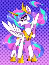 Size: 1200x1600 | Tagged: safe, artist:stacy_165cut, imported from derpibooru, princess celestia, alicorn, pony, crown, female, gradient background, hoof shoes, jewelry, looking sideways, m, mare, peytral, princess shoes, regalia, solo