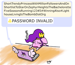 Size: 1150x1000 | Tagged: safe, artist:ebbysharp, imported from derpibooru, pipp petals, pegasus, pony, atg 2024, computer, female, floppy ears, g5, headband, laptop computer, mare, newbie artist training grounds, password