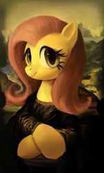 Size: 723x1209 | Tagged: safe, artist:vondsketch, imported from derpibooru, fluttershy, pegasus, pony, black dress, bust, clothes, crossed hooves, cute, digital painting, dress, female, fine art parody, looking at you, mona lisa, painting, portrait, shyabetes, smiling, smiling at you, solo