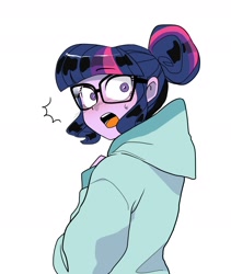 Size: 1600x1900 | Tagged: safe, artist:cheesesauce_45, imported from derpibooru, sci-twi, twilight sparkle, equestria girls, blush lines, blushing, clothes, colored, cute, emanata, embarrassed, eyebrows, eyebrows visible through hair, female, glasses, hair bun, hoodie, looking at you, oversized clothes, purple eyes, purple skin, shiny hair, shocked, shocked expression, shrunken pupils, simple background, solo, square glasses, surprised, sweat, sweatdrop, three toned hair, tied hair, tri-color hair, tri-colored tail, tricolor hair, tricolored tail, twiabetes, white background