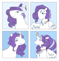 Size: 739x768 | Tagged: safe, artist:084392, imported from derpibooru, part of a set, rarity, alicorn, earth pony, pegasus, pony, unicorn, alicornified, alternate design, bust, earth pony rarity, female, horn, horn ring, jewelry, mare, pegasus rarity, race swap, raricorn, ring