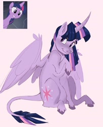 Size: 1242x1528 | Tagged: safe, artist:creaturedeerr, imported from derpibooru, twilight sparkle, alicorn, pony, curved horn, cute, female, horn, leonine tail, mare, raised hoof, sitting, smiling, solo, tail, twiabetes, twilight sparkle (alicorn), unshorn fetlocks