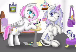 Size: 2941x2039 | Tagged: safe, artist:assa-chan, imported from derpibooru, bon bon, rarity, sweetie drops, oc, oc:harmony draw, oc:shooting star, pegasus, pony, unicorn, female, horn, magic, mare, plushie