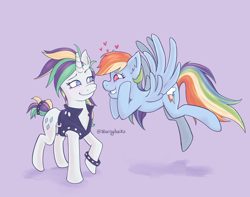 Size: 2048x1616 | Tagged: safe, artist:starryducks, imported from derpibooru, rainbow dash, rarity, pegasus, pony, unicorn, it isn't the mane thing about you, alternate hairstyle, clothes, duo, duo female, dyed mane, female, floating heart, flying, grin, heart, heart eyes, horn, leather, leather vest, lesbian, looking at each other, looking at someone, mare, multicolored hair, no pupils, punk, purple background, raridash, raripunk, shipping, simple background, smiling, smiling at each other, spiked wristband, spread wings, standing, vest, wingding eyes, wings, wristband