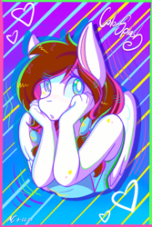 Size: 1365x2048 | Tagged: safe, artist:mscolorsplash, imported from derpibooru, oc, oc only, oc:color splash, anthro, pegasus, abstract background, blush lines, blushing, bust, female, hand on cheek, heart, looking at you, mare, solo, white pupils