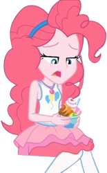 Size: 750x1211 | Tagged: safe, edit, edited screencap, editor:homersimpson1983, imported from derpibooru, screencap, pinkie pie, human, equestria girls, equestria girls series, tip toppings, spoiler:eqg series (season 2), background removed, clothes, dessert, female, my little pony equestria girls: choose your own ending, not a vector, rah rah skirt, sitting, skirt