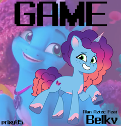 Size: 1194x1242 | Tagged: safe, artist:edy_january, artist:prixy05, editor:edy january, imported from derpibooru, pony, unicorn, alan aztec, album, album cover, belkv, g5, game (song), hardbass, horn, link in description, misty brightdawn, music, music video, my little pony: tell your tale, rebirth misty, simple background, solo, song, youtube, youtube link