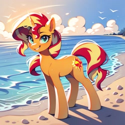 Size: 2048x2048 | Tagged: safe, imported from derpibooru, sunset shimmer, pony, unicorn, ai content, ai generated, anonymous prompter, beach, female, generator:pony diffusion v6 xl, generator:stable diffusion, horn, looking at you, mare, smiling, solo