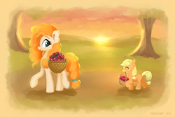 Size: 2400x1600 | Tagged: safe, artist:darksly, imported from derpibooru, applejack, pear butter, earth pony, pony, apple, atg 2024, basket, cute, duo, duo female, female, filly, filly applejack, foal, food, jackabetes, mare, mother and child, mother and daughter, mouth hold, newbie artist training grounds, sunset, walking, younger