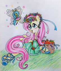 Size: 900x1038 | Tagged: safe, artist:oriwhitedeer, imported from derpibooru, fluttershy, pegasus, pony, deviantart watermark, female, floral head wreath, flower, mare, obtrusive watermark, traditional art, watermark