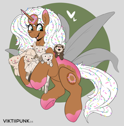 Size: 1590x1617 | Tagged: safe, artist:viktiipunk, imported from derpibooru, oc, oc:donut daydream, ferret, pony, unicorn, donut, food, holding, horn, looking down, open mouth, smiling, solo, wavy mane