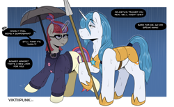 Size: 2678x1647 | Tagged: safe, artist:viktiipunk, imported from derpibooru, moondancer, oc, pony, unicorn, bags under eyes, clothes, cutie mark, dialogue, glasses, glowing, glowing horn, horn, magic, rain, raised hoof, royal guard, spear, sweater, tired, tired eyes, trotting, umbrella, weapon, wet, wet mane