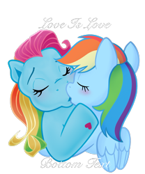 Size: 1303x1567 | Tagged: safe, artist:horse-time-babey, imported from derpibooru, rainbow dash, rainbow dash (g3), pegasus, pony, female, g3, generation leap, kissing, lesbian, simple background, text, transparent background