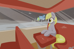 Size: 2846x1879 | Tagged: safe, alternate version, artist:ricy, imported from twibooru, derpy hooves, oc, oc:fallen oakly, earth pony, pegasus, pony, art pack:nuclear neighs and deco days, banned from derpibooru, diner, female, grainy, image, mare, moon, paywall content, png, rocket, solo, space, window