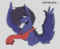 Size: 1063x876 | Tagged: safe, artist:viktiipunk, imported from derpibooru, oc, oc:fenris ebonyglow, original species, pegasus, pony, timber pony, timber wolf, angry, clothes, fangs, hair over one eye, looking at you, scarf, solo, species swap, spread wings, timber corruption, wings