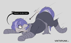 Size: 1800x1090 | Tagged: safe, artist:viktiipunk, imported from derpibooru, oc, oc only, oc:triple sevens, pony, unicorn, arrow, clothes, dialogue, horn, motion lines, solo, tripping, worried, worried smile