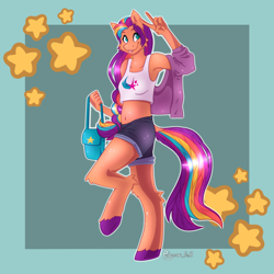 Size: 3000x3000 | Tagged: safe, artist:pidgeon_fluff, imported from derpibooru, sunny starscout, anthro, unguligrade anthro, belly button, clothes, g5, jacket, midriff, solo, sunny's bag, tanktop